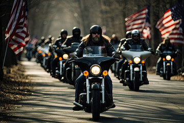 Motorcycle Riders with American Flags on Patriotic Rally