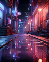 Fototapeten Futuristic night city street with neon lights. 3d rendering © Iman