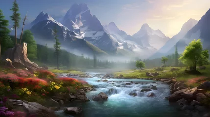 Poster Beautiful panoramic view of the mountain river in the morning © Iman