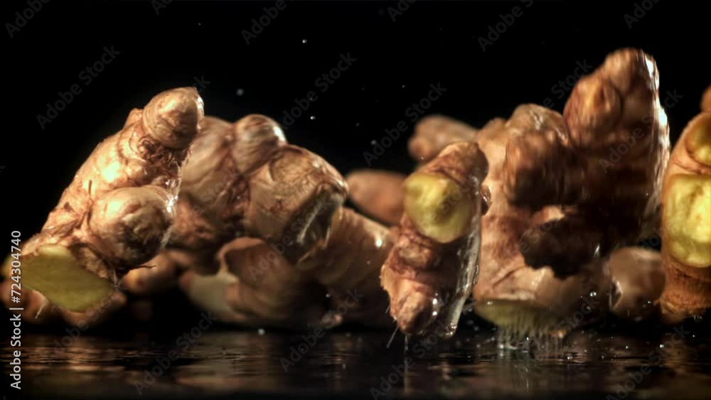 Wall mural fresh ginger falls on the table. filmed on a high-speed camera at 1000 fps. high quality fullhd foot