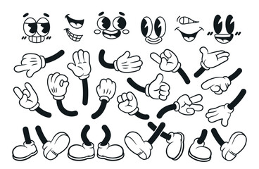 Set of vintage mascot elements. Line icons of arms, legs and facial expressions to create character in 30s style. Retro body parts. Cartoon outline vector collection isolated on white background © Rudzhan