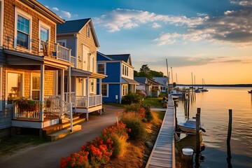 Panoramic view of waterfront homes on a lake at sunset. - obrazy, fototapety, plakaty