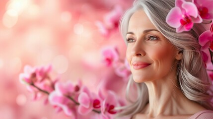 Fototapeta premium Graceful Beauty: Mature Woman with Orchids. Generative ai
