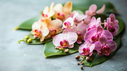 Fototapeta na wymiar Exotic Orchid Arrangement on Tropical Leaves. Generative ai