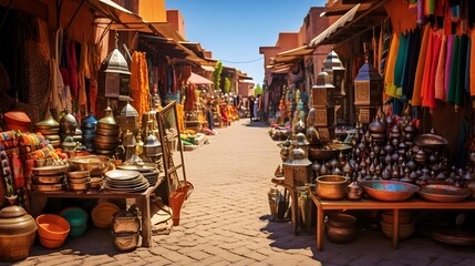 Panoramic view of a street market in Marrakesh, Morocco