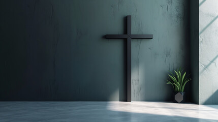 Elegance with a minimalistic setting, featuring a black wooden cross leaning against a wall