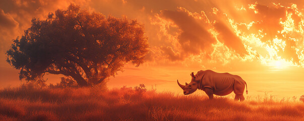 Silhouette of large acacia tree in the savanna plains with rhino (White Rhinoceros). African sunset. Wild nature, Kenya panoramic view. Black history month concept. World rhino day. Animal protection
