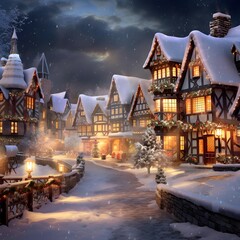 Christmas and New Year holidays background. Winter village in the night.