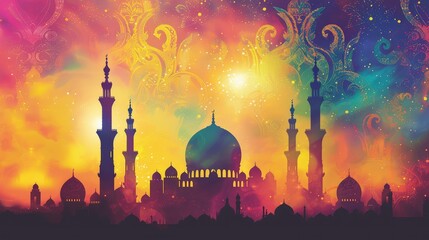 Majestic Ramadan Greetings Card with Mosque Silhouette and Rich Jewel Tones
