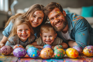 Fototapeta na wymiar Painting Easter Eggs as a Family, father and mother with their daughter and son, stained with paint, laugh while creating creative and colorful crafts for Holy Week