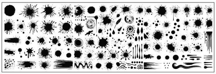 A collection of spots and stains. Black ink stains and dirt spots scattered with isolated drops and spots. Urban street style ink blots, dots or lines. Isolated vector illustration	 - obrazy, fototapety, plakaty