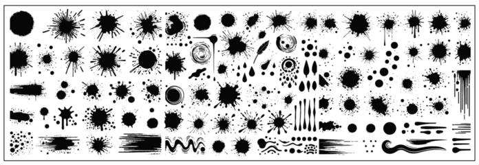 Fotobehang A collection of spots and stains. Black ink stains and dirt spots scattered with isolated drops and spots. Urban street style ink blots, dots or lines. Isolated vector illustration  © abdel moumen rahal