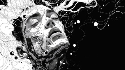 Tech depression and anxiety, an abstract image of a person feeling stressed and depressed, drowning deep in his thoughts, on or with a black background