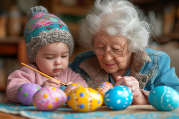 Painting Easter Eggs with Grandma, girl with her grandma doing creative crafts during Holy Week at home with brushes