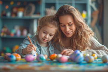 Painting Easter Eggs with Mom, daughter and mother smile, paint together colorful crafts for Holy Week