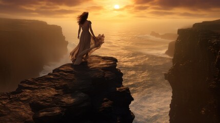 Elegant woman in flowing dress stands on a cliff edge, watching a dramatic ocean sunset.