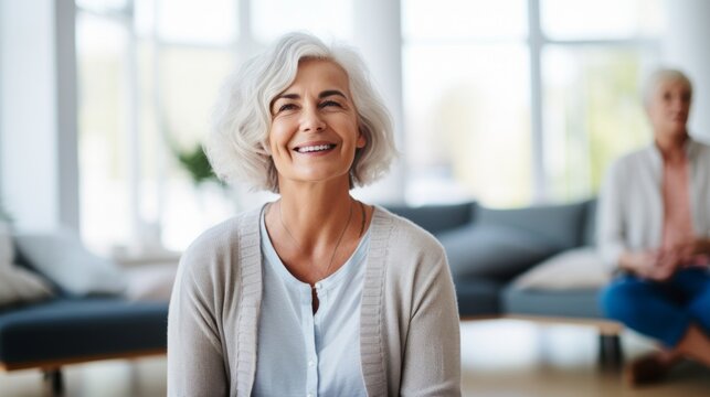 Portrait of a joyful senior woman smiling confidently in a bright, modern living room setting.