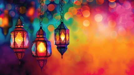 Fototapeta na wymiar Vibrant Ramadan Greetings Card with Traditional Lanterns and Bold Colors