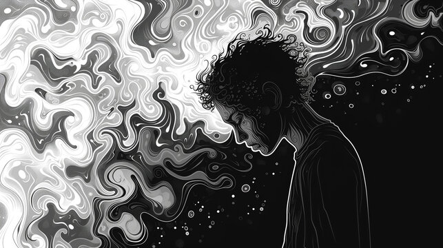 Tech depression and anxiety, an abstract image of a person feeling stressed and depressed, drowning deep in his thoughts, on or with a black background