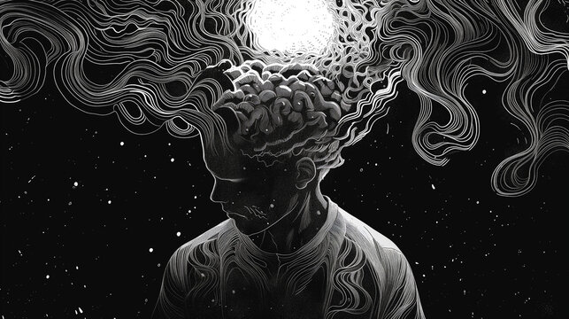 Tech depression and anxiety, an abstract image of a person feeling stressed and depressed, drowning deep in his thoughts, on or with a black background