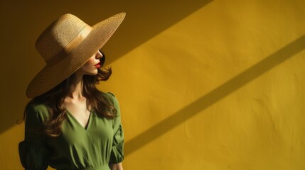 A fashionable woman in a green dress and summer hat casts a sharp shadow on a yellow wall.