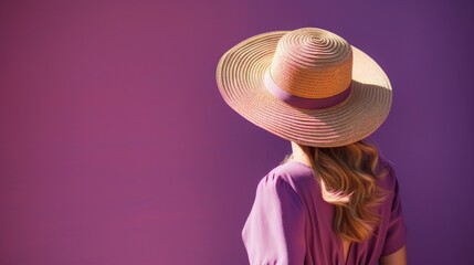 Elegant woman in a fashionable straw hat with a purple backdrop, highlighting a summer outfit.