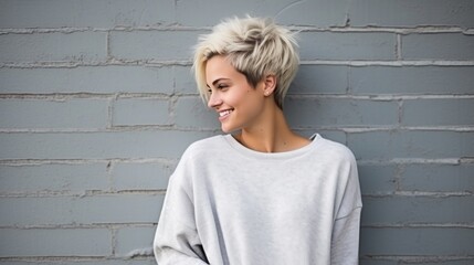 Fashionable young woman with a chic short blonde haircut smiling against a gray brick wall.
