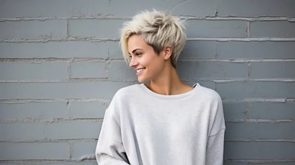  Fashionable young woman with a chic short blonde haircut smiling against a gray brick wall. © red_orange_stock