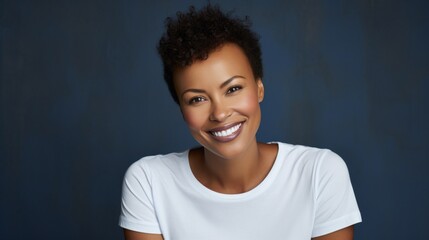 Close-up portrait of a smiling woman with short curly hair, exuding confidence and happiness on a dark background.