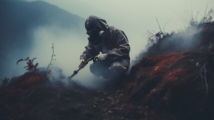 A person in protective gear digging in misty, eerie landscape with a dark, cinematic atmosphere.