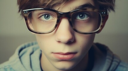 Close-up portrait of a teenage boy wearing oversized glasses, with a thoughtful expression.