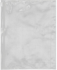 Stylish and transparent plastic envelope, slightly wrinkled, with a white zipper. PNG file for overlay effect, PVC envelope bag with zipper. PNG file layout. Polyethylene overlay texture - obrazy, fototapety, plakaty
