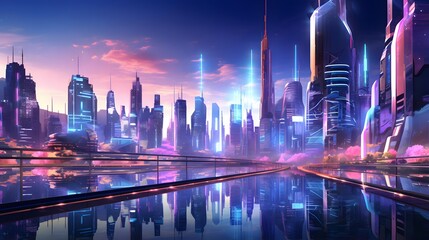 Futuristic city panorama at night with reflection in water.