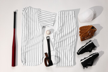 Flat lay composition with baseball uniform on white background