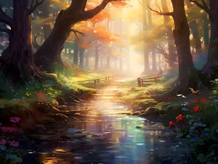 Rollo Digital painting of an autumn forest scene with a path in the foreground © Iman
