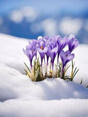 Crocus spring flower Growth In The Snow. Beautiful Floral wide panorama. Purple Crocus Iridaceae, copy space - generative ai