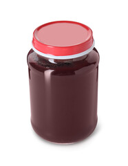 Baby food. Tasty healthy puree in jar isolated on white
