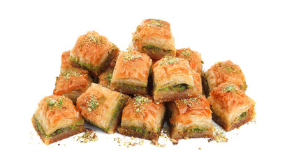 Delicious fresh baklava with chopped nuts isolated on white. Eastern sweets