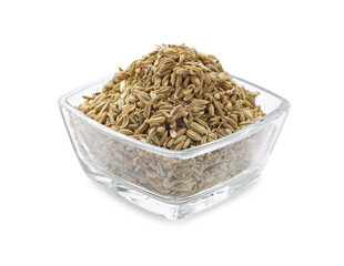 Dry fennel seeds in bowl isolated on white