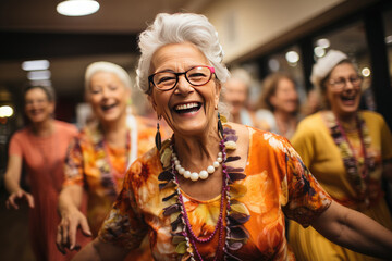 Amidst the welcoming atmosphere of a retreat center for the elderly, joyful old Caucasian woman shares laughter and dance with her fellow seniors.  - Powered by Adobe