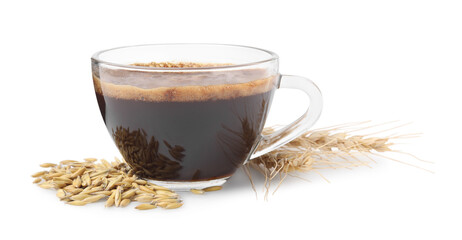 Cup of barley coffee, grains and spikes isolated on white