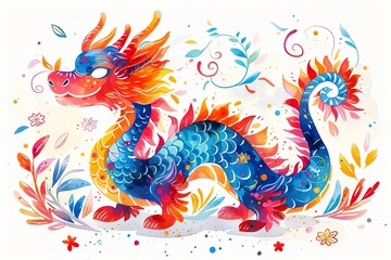 Obraz premium Cute colorful Chinese Dragon - animal designation, childish, vector illustration, colorful, white background, children drawing