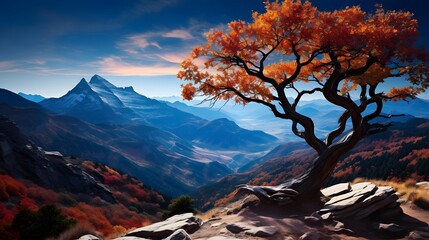 Autumn mountain landscape with a tree. Panoramic image.