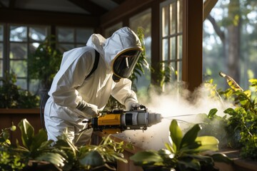 Home insect removal specialist in action, treating apartmant or a greenhouse to eliminate insects.