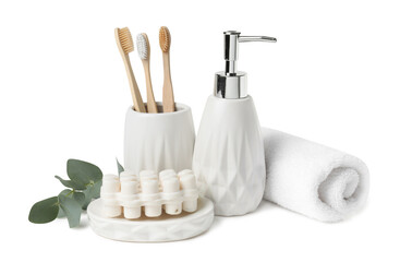 Fototapeta na wymiar Bath accessories. Set of different personal care products and eucalyptus leaves isolated on white