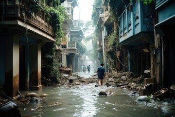 Catastrophic flooding in a coastal city in south-eastern Asia due to a sea level rise. Global warming consequences.