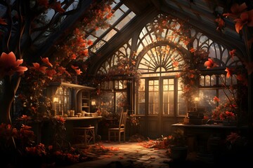 Beautiful interior of a greenhouse with red flowers. 3d rendering