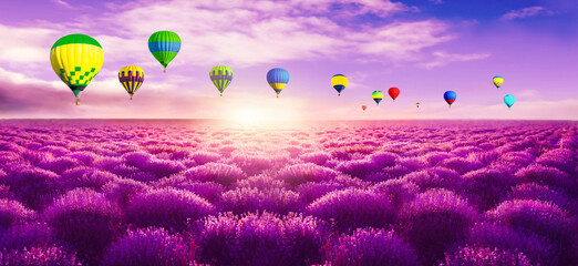 Fototapeta na wymiar Hot air balloons in sky over lavender field. Banner design