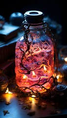 Magic potion in a glass bottle on a dark background. Halloween concept