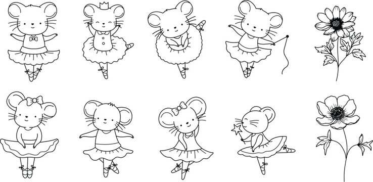 Cute mouse ballerina cartoon character outline hand drawn doodle style, for printing,card, t shirt,banner,product.vector illustration
